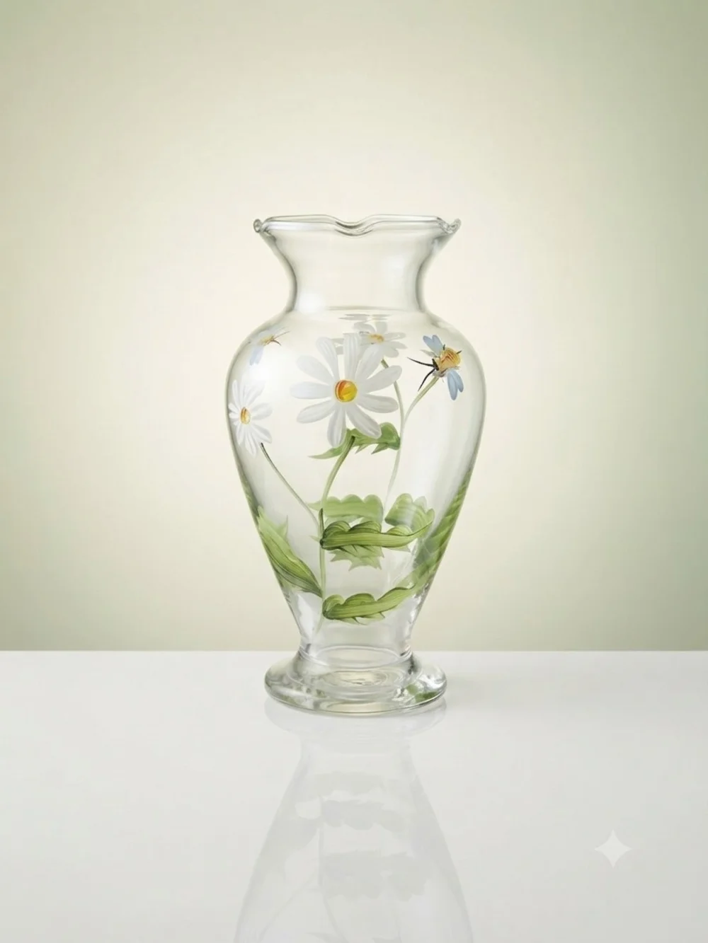 Hand-Painted Daisy Glass Vase - Clear with White & Green Floral Design